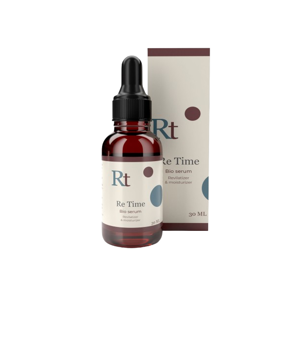 Presentación vertical del frasco y caja de ReTime Serum